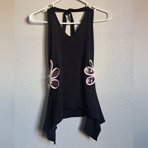 Forever 21 Y2K Black Pink Floral Cutout Halter Neck Asymmetric Top Size Medium